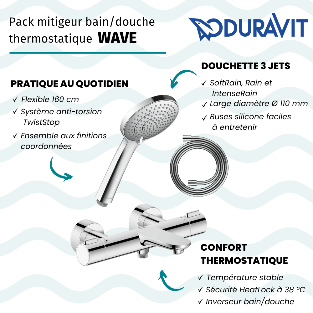 Pack mitigeur bain douche thermostatique DURAVIT Wave + pommeau Universal 3 jets + flexible 160 cm |Batinea