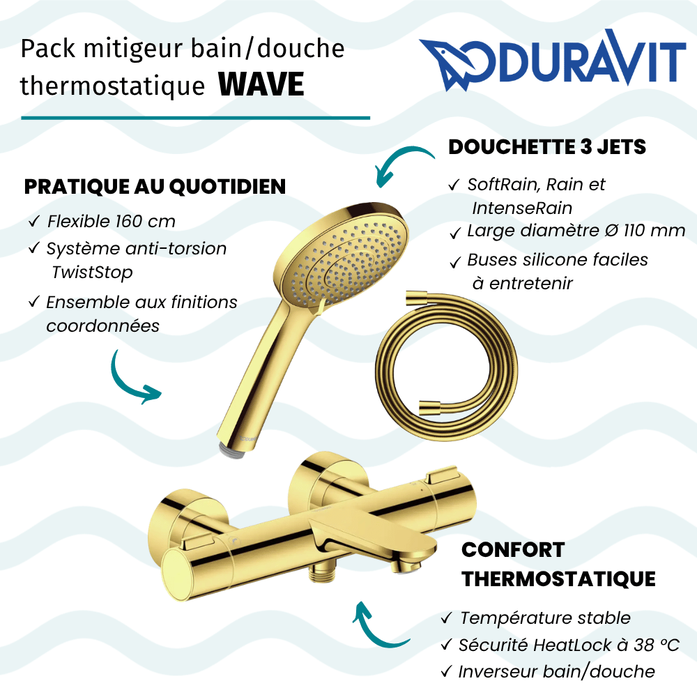 Pack mitigeur bain douche thermostatique DURAVIT Wave + pommeau Universal 3 jets + flexible 160 cm |Batinea