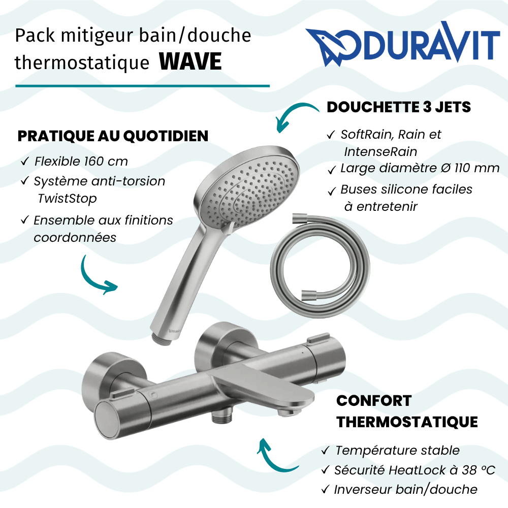 Pack mitigeur bain douche thermostatique DURAVIT Wave + pommeau Universal 3 jets + flexible 160 cm |Batinea