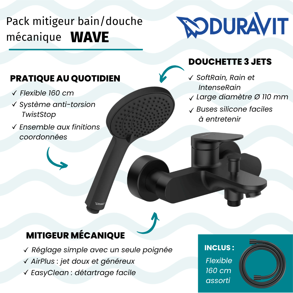 Pack mitigeur bain douche mécanique DURAVIT Wave + pommeau Universal 3 jets + flexible 160 cm |Batinea