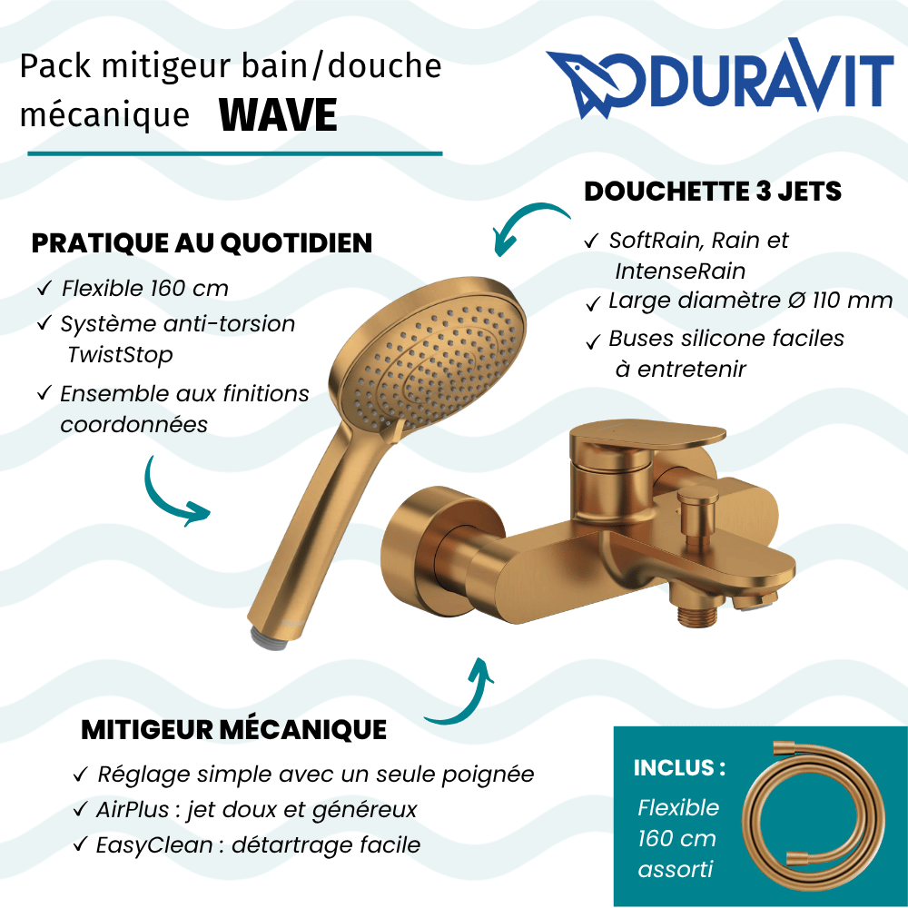 Pack mitigeur bain douche mécanique DURAVIT Wave + pommeau Universal 3 jets + flexible 160 cm |Batinea