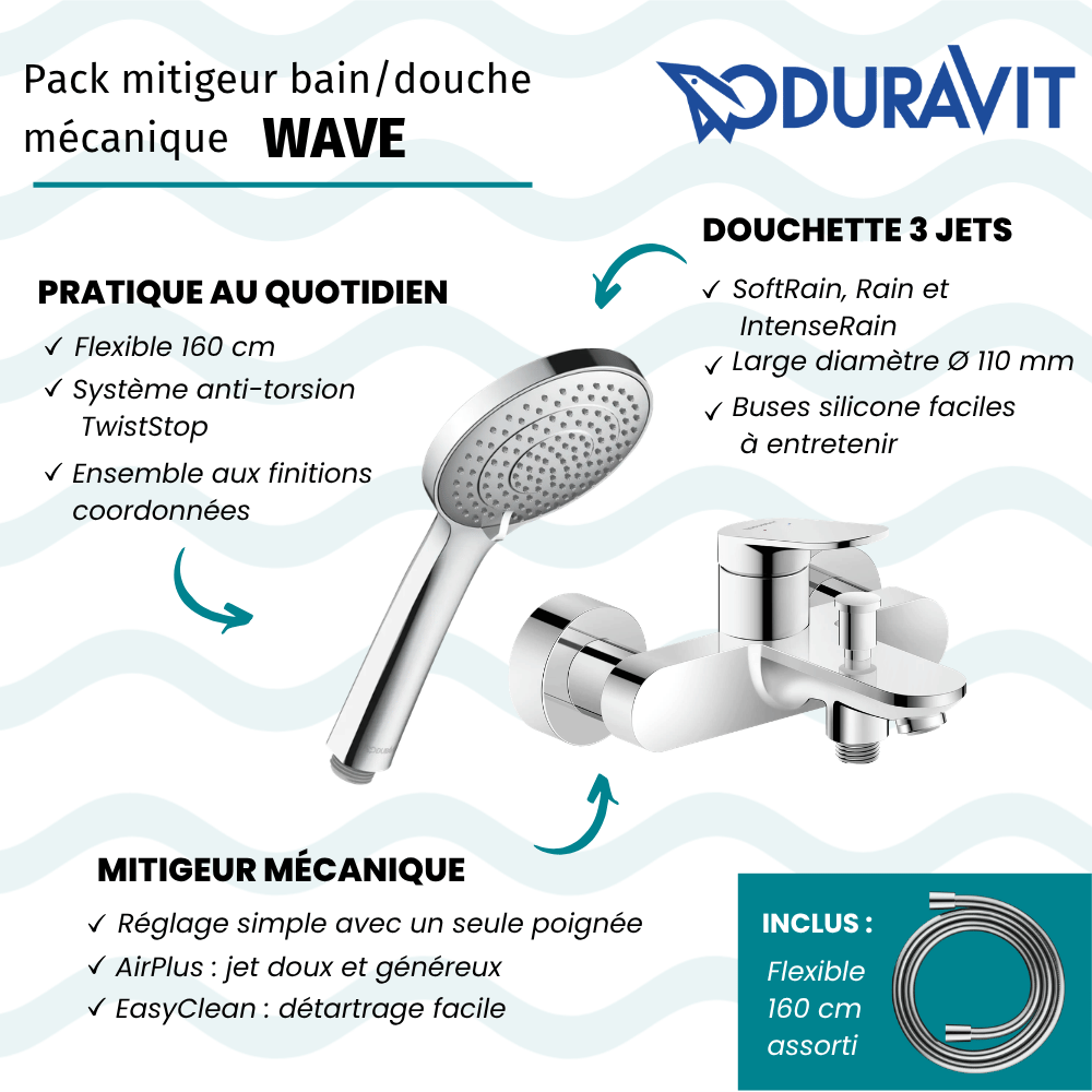 Pack mitigeur bain douche mécanique DURAVIT Wave + pommeau Universal 3 jets + flexible 160 cm |Batinea