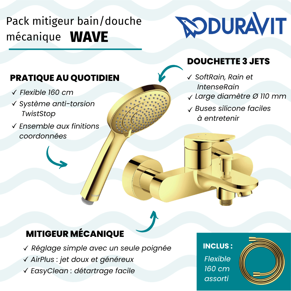 Pack mitigeur bain douche mécanique DURAVIT Wave + pommeau Universal 3 jets + flexible 160 cm |Batinea