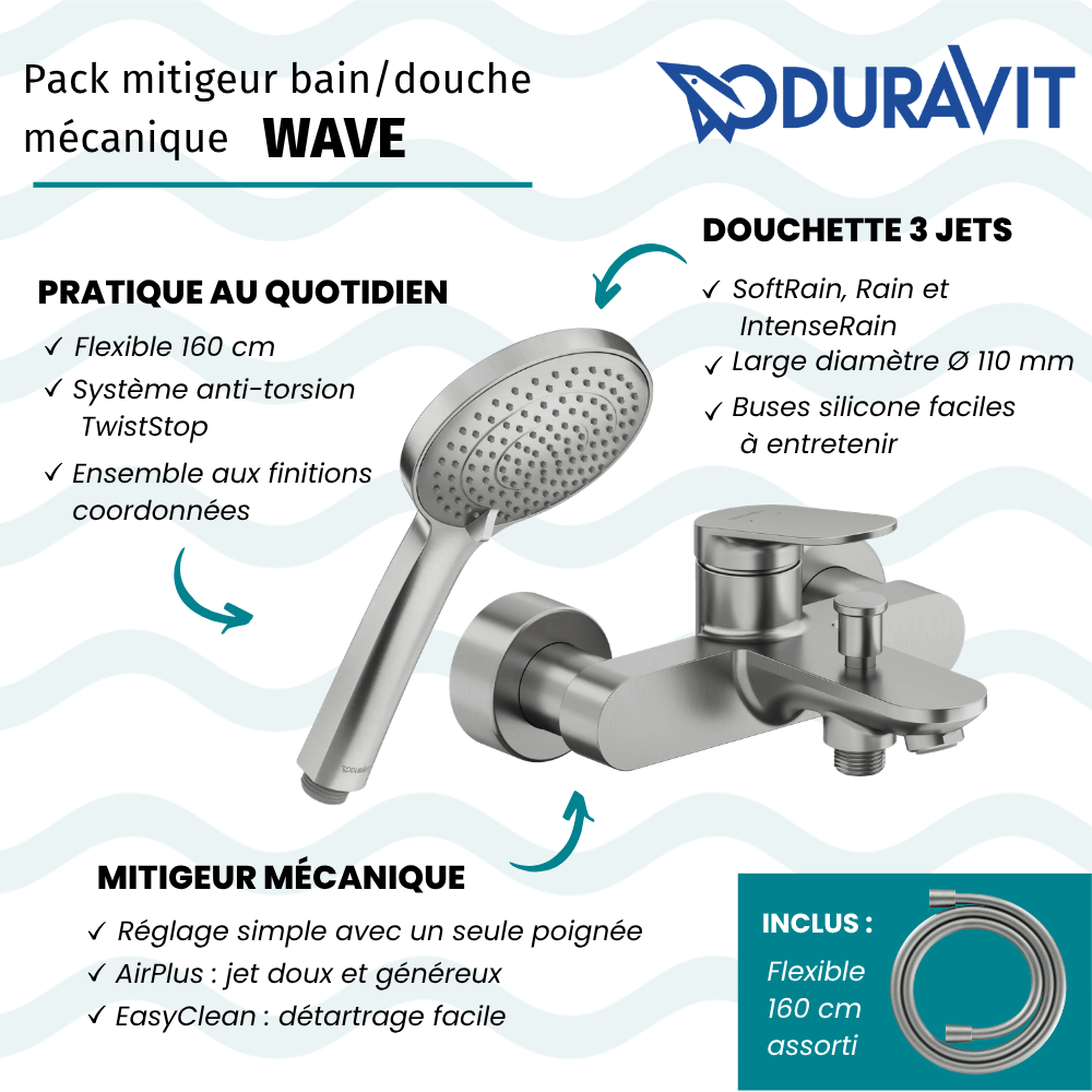 Pack mitigeur bain douche mécanique DURAVIT Wave + pommeau Universal 3 jets + flexible 160 cm |Batinea