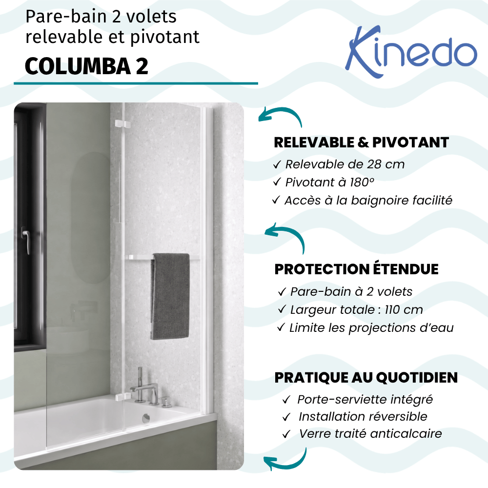 Pare bain relevable et pivotant 110x150cm KINEDO Columba 2 + porte serviette blanc infos