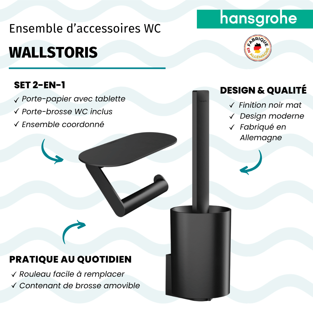 Lot d'accessoires pour WC HANSGROHE WallStoris porte-brosse mural + porte-papier WC avec tablette noir mat infos