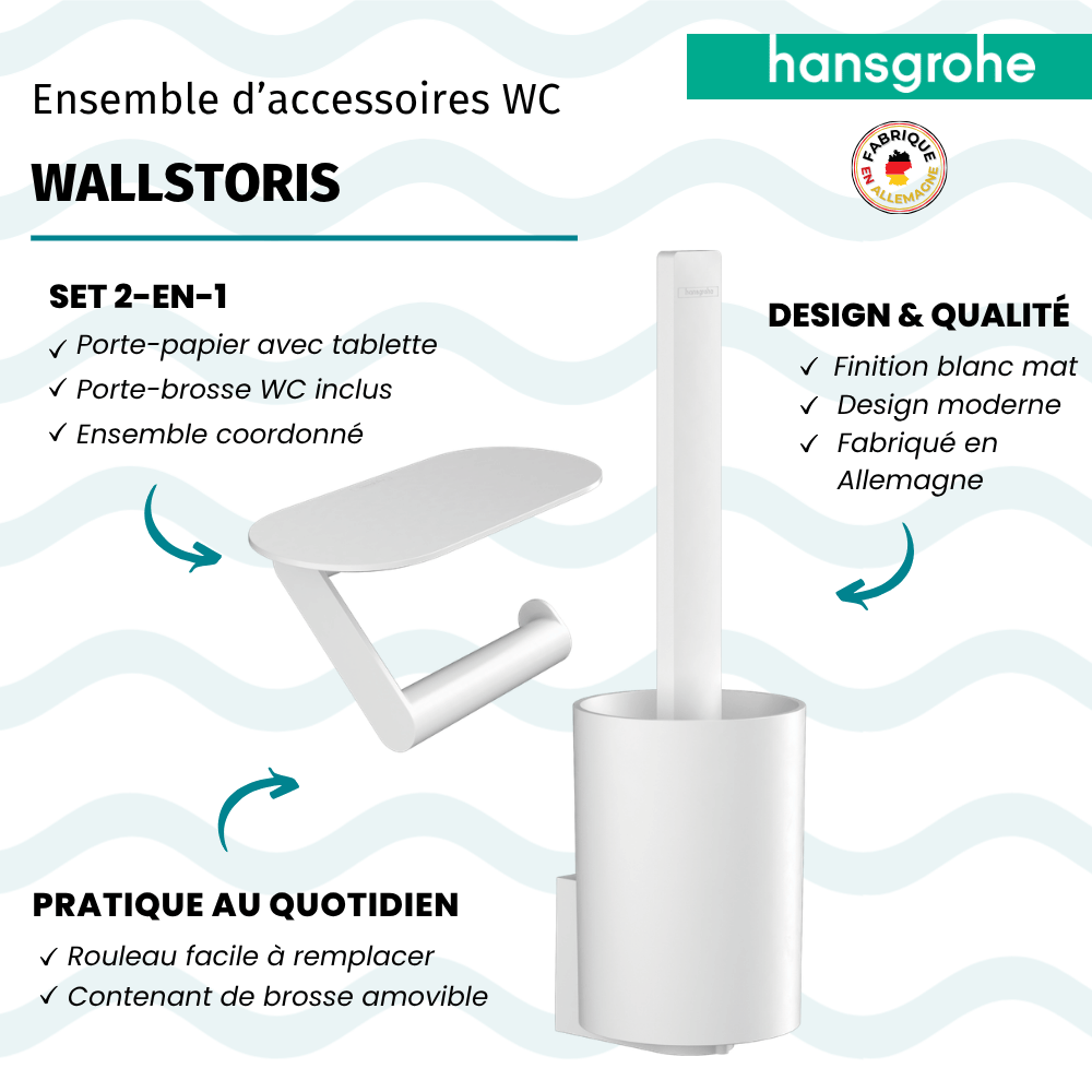 Lot d'accessoires pour WC HANSGROHE WallStoris porte-brosse mural + porte-papier WC avec tablette blanc mat infos