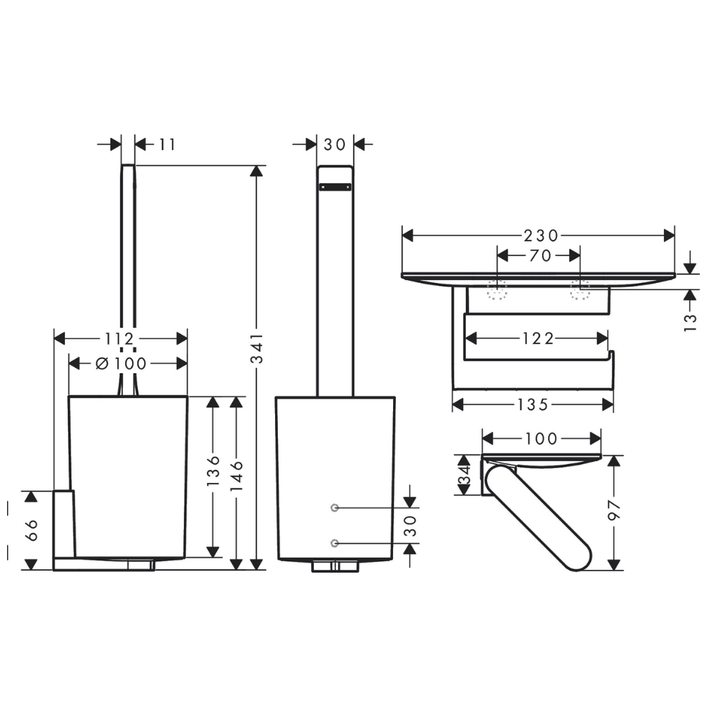 Lot d'accessoires pour WC HANSGROHE WallStoris porte-brosse mural + porte-papier WC avec tablette schéma