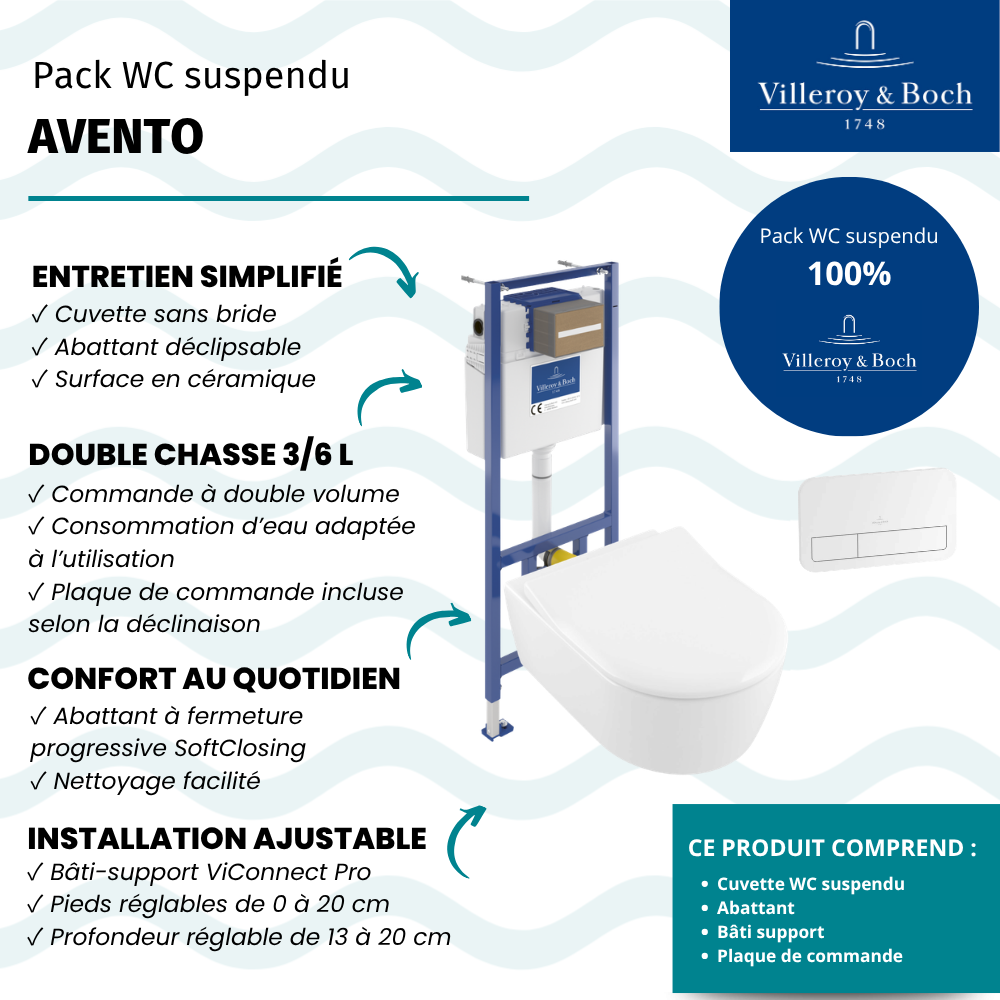 Pack WC suspendu sans bride VILLEROY ET BOCH Avento + Bâti support ViConnect Pro + abattant + plaque