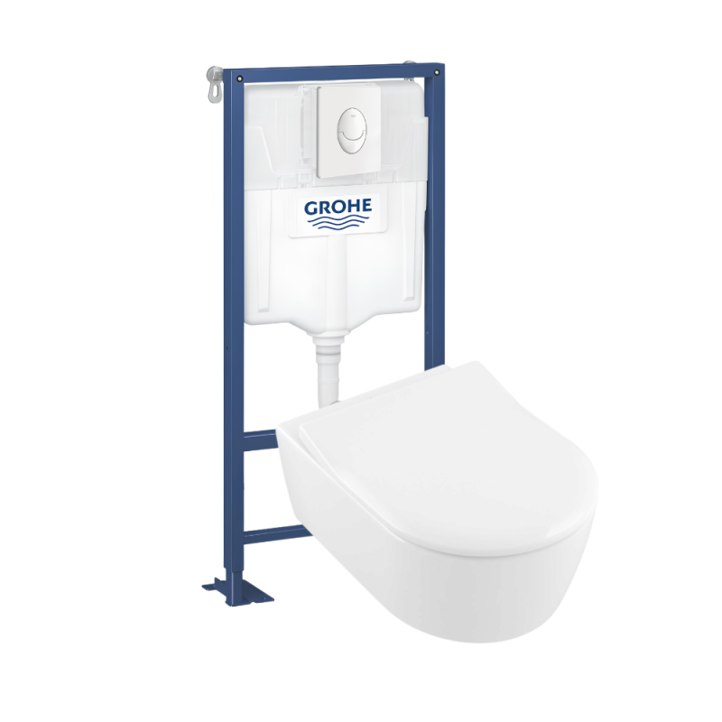 Pack WC suspendu sans bride Villeroy & Boch Avento + abattant + bâti-support GROHE autoportant + plaque blanc alpin