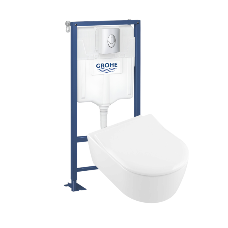 Pack WC suspendu sans bride VILLEROY & BOCH Avento + bâti support GROHE + plaque chromée