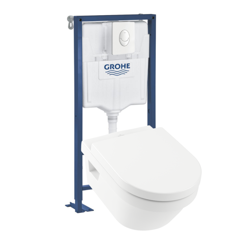 Pack WC suspendu sans bride VILLEROY ET BOCH Architectura + bâti support autoportant GROHE + plaque blanche
