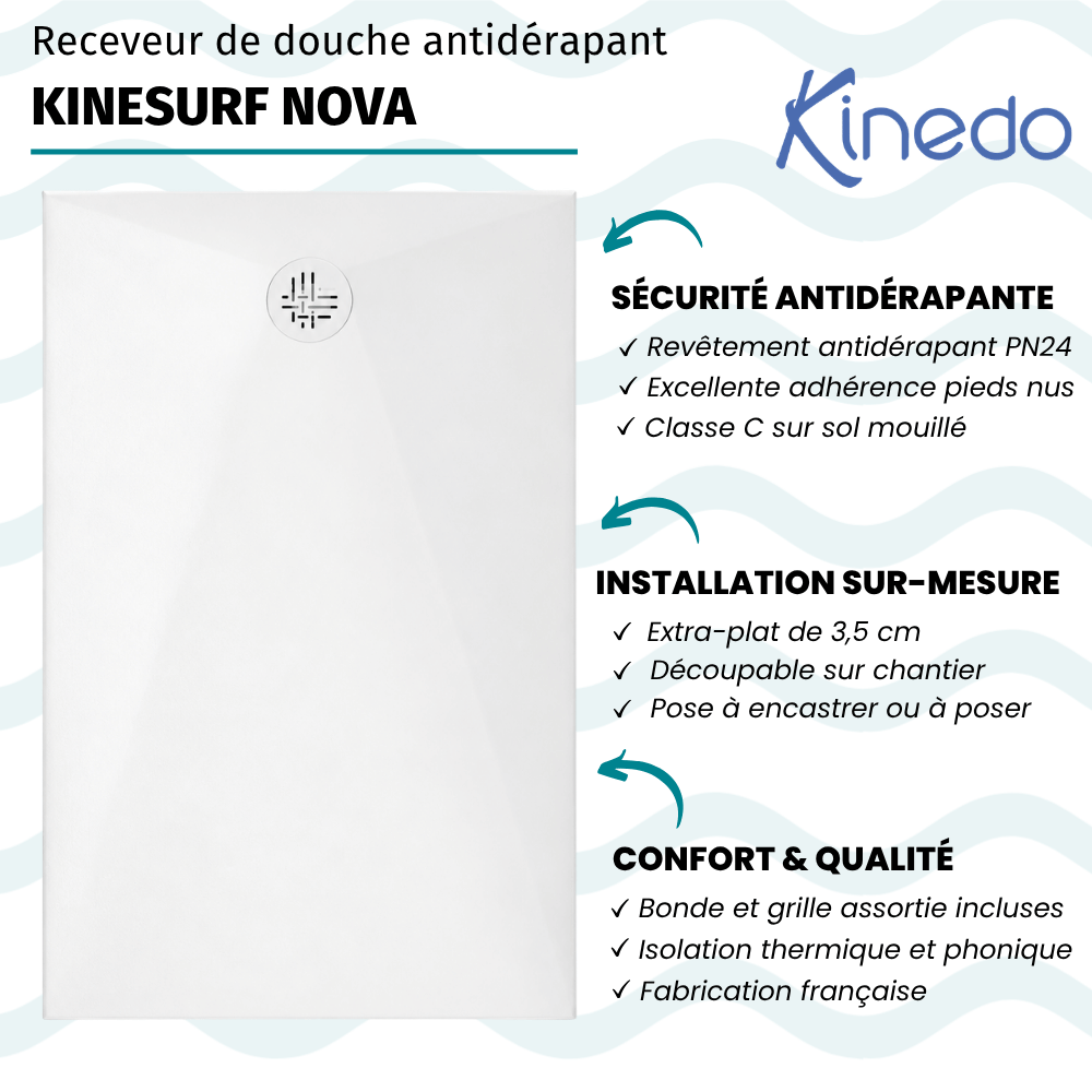 Receveur de douche antidérapant KINEDO Kinesurf Nova extra-plat découpable blanc avec bonde + grille assortie rectangle infos