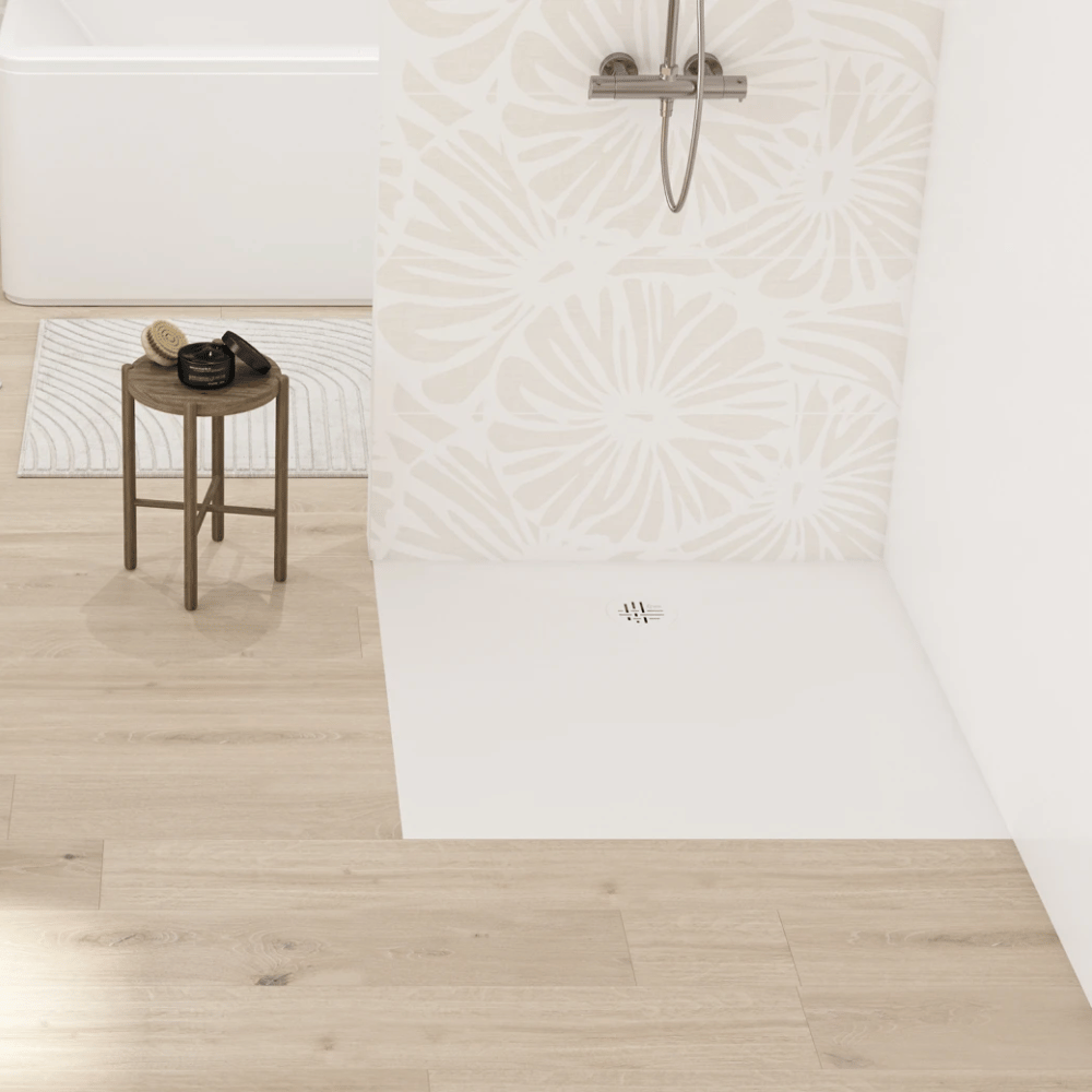 Receveur de douche antidérapant KINEDO Kinesurf Nova extra-plat découpable blanc avec bonde + grille assortie carré ambiance