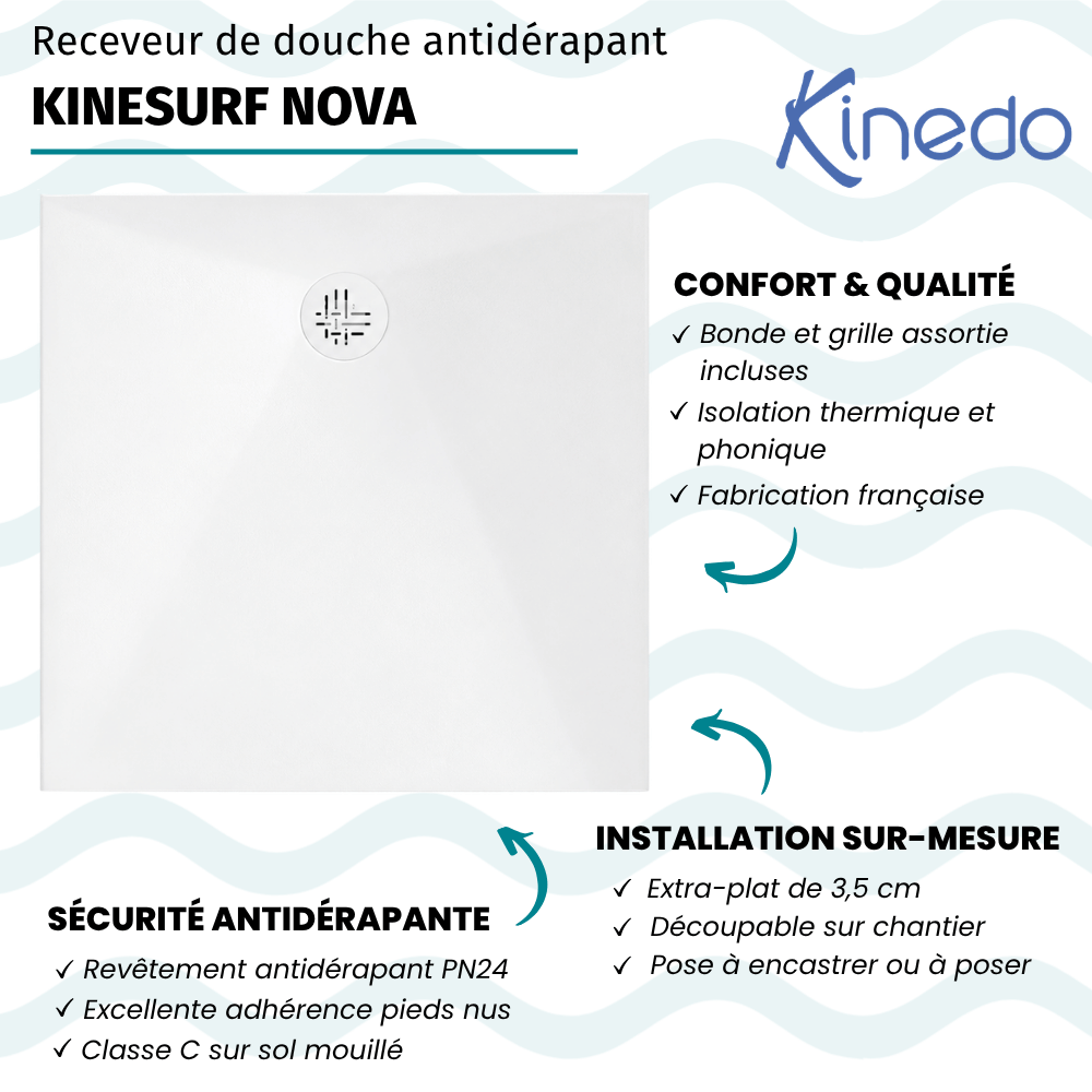 Receveur de douche antidérapant KINEDO Kinesurf Nova extra-plat découpable blanc avec bonde + grille assortie carré infos