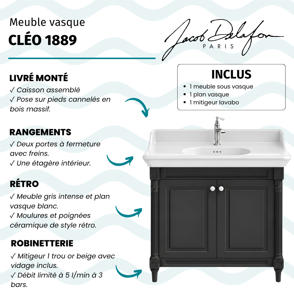 Meuble de salle de bain JACOB DELAFON Cléo 1889 Gris Intense + plan vasque 1 trou + mitigeur