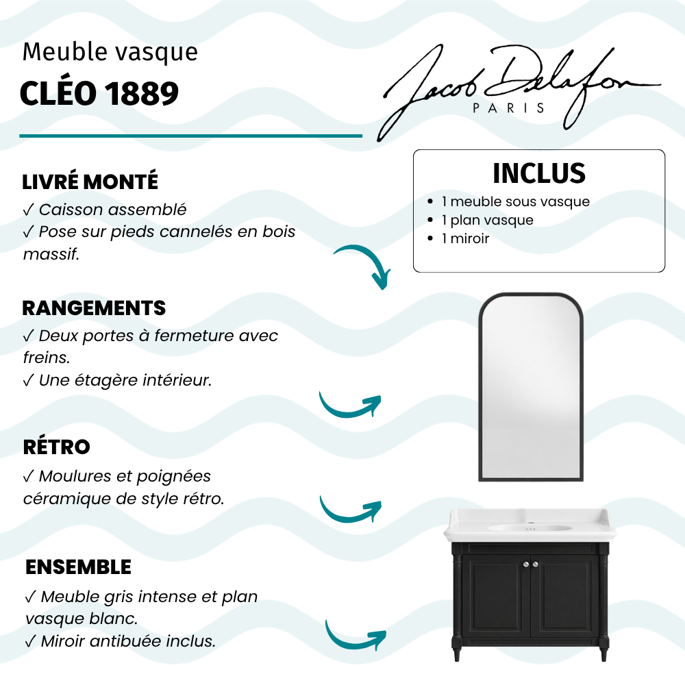 Meuble de salle de bain JACOB DELAFON Cléo 1889 Gris Intense + plan vasque 1 trou + miroir + mitigeur