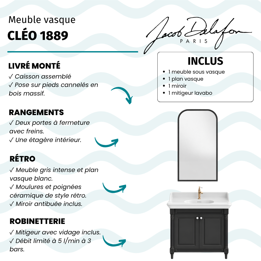 Meuble de salle de bain JACOB DELAFON Cléo 1889 Gris Intense + plan vasque 1 trou + miroir + mitigeur