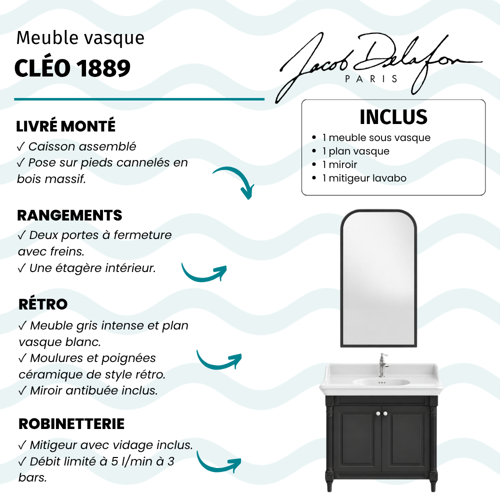 Meuble de salle de bain JACOB DELAFON Cléo 1889 Gris Intense + plan vasque 1 trou + miroir + mitigeur