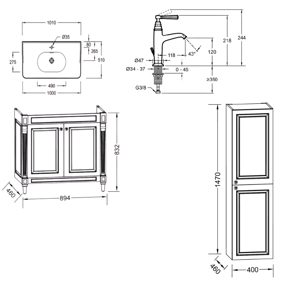 Meuble de salle de bain JACOB DELAFON Cléo 1889 Gris Intense + plan vasque 1 trou + colonne droite + mitigeur