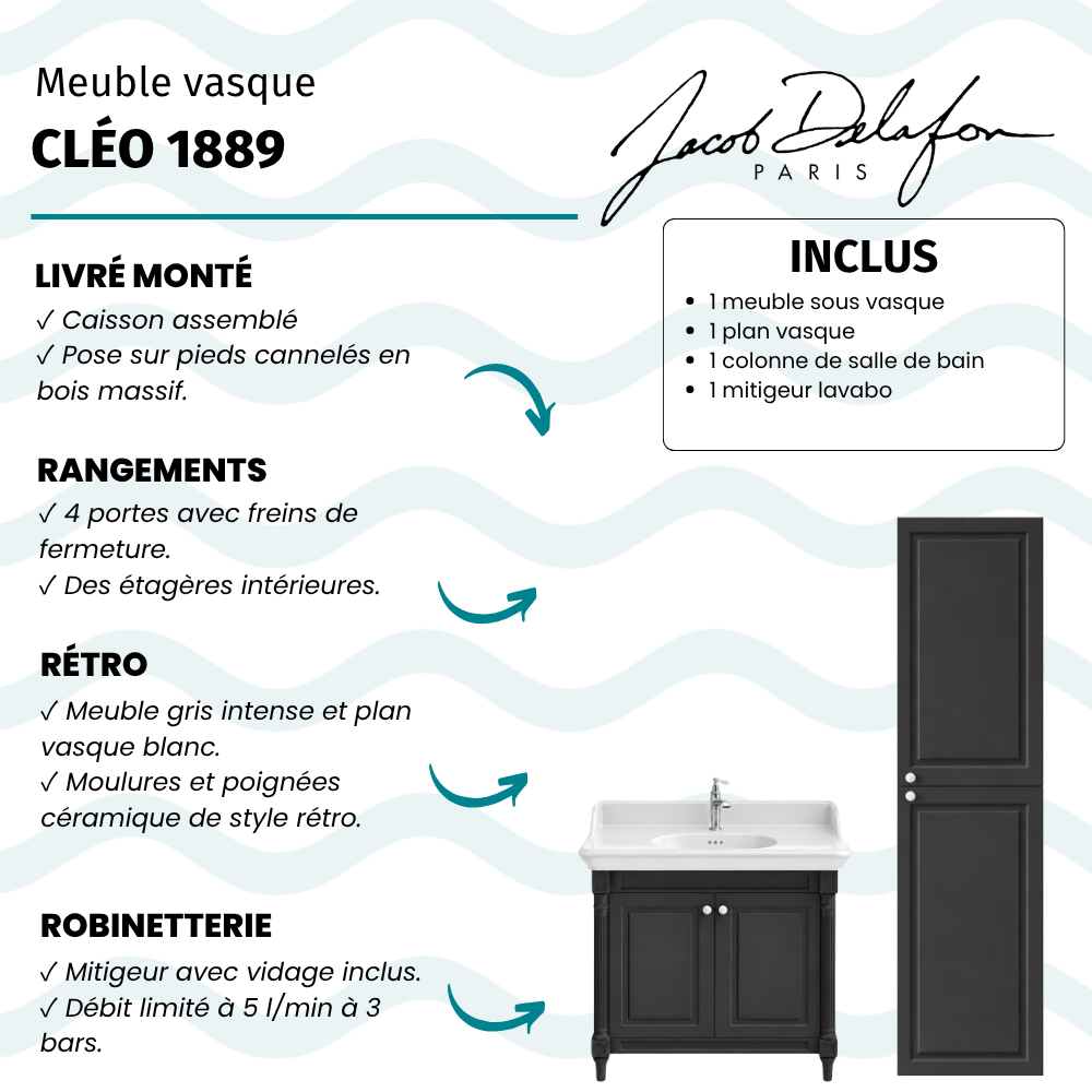 Meuble de salle de bain JACOB DELAFON Cléo 1889 Gris Intense + plan vasque 1 trou + colonne droite + mitigeur