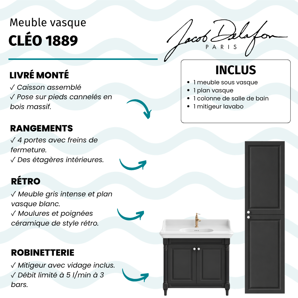 Meuble de salle de bain JACOB DELAFON Cléo 1889 Gris Intense + plan vasque 1 trou + colonne droite + mitigeur