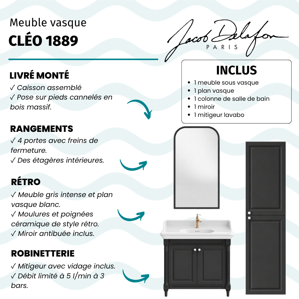 Meuble de salle de bain JACOB DELAFON Cléo 1889 Gris Intense + plan vasque 1 trou + colonne droite + miroir + mitigeur