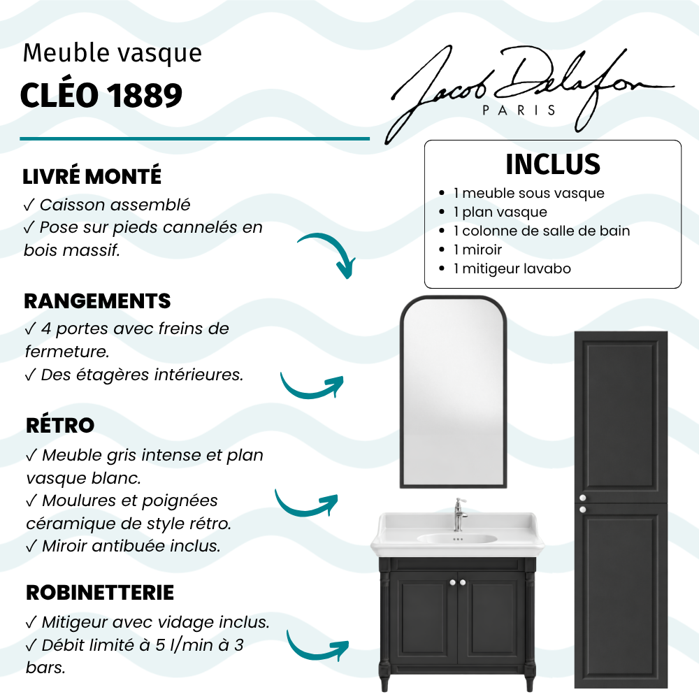 Meuble de salle de bain JACOB DELAFON Cléo 1889 Gris Intense + plan vasque 1 trou + colonne droite + miroir + mitigeur