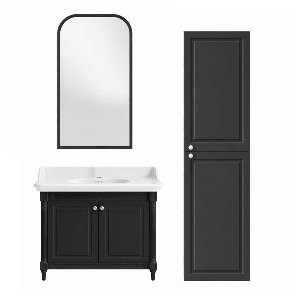 Meuble de salle de bain JACOB DELAFON Cléo 1889 Gris Intense + plan vasque 1 trou + colonne droite + miroir + mitigeur