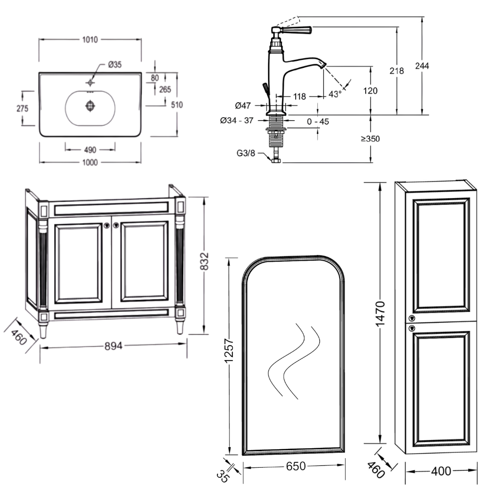 Meuble de salle de bain JACOB DELAFON Cléo 1889 Gris Intense + plan vasque 1 trou + colonne droite + miroir + mitigeur