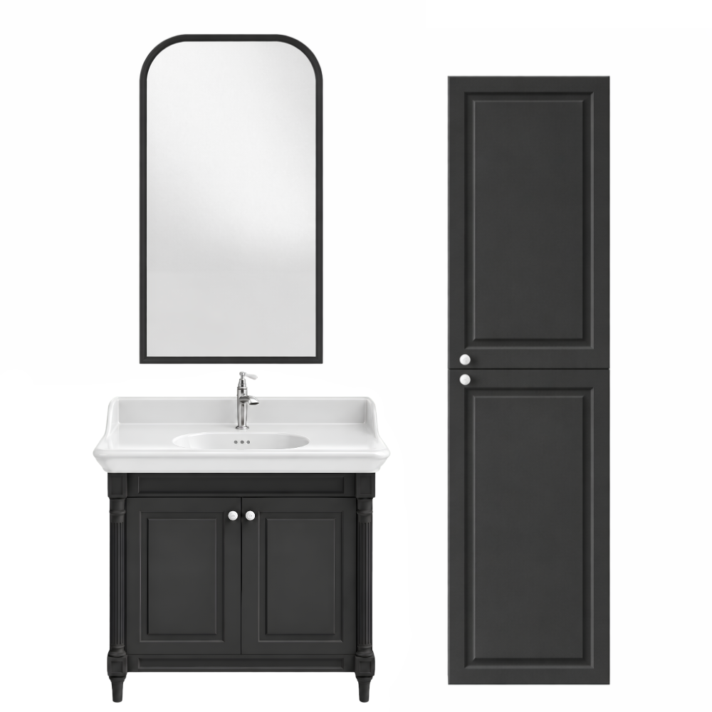 Meuble de salle de bain JACOB DELAFON Cléo 1889 Gris Intense + plan vasque 1 trou + colonne droite + miroir + mitigeur