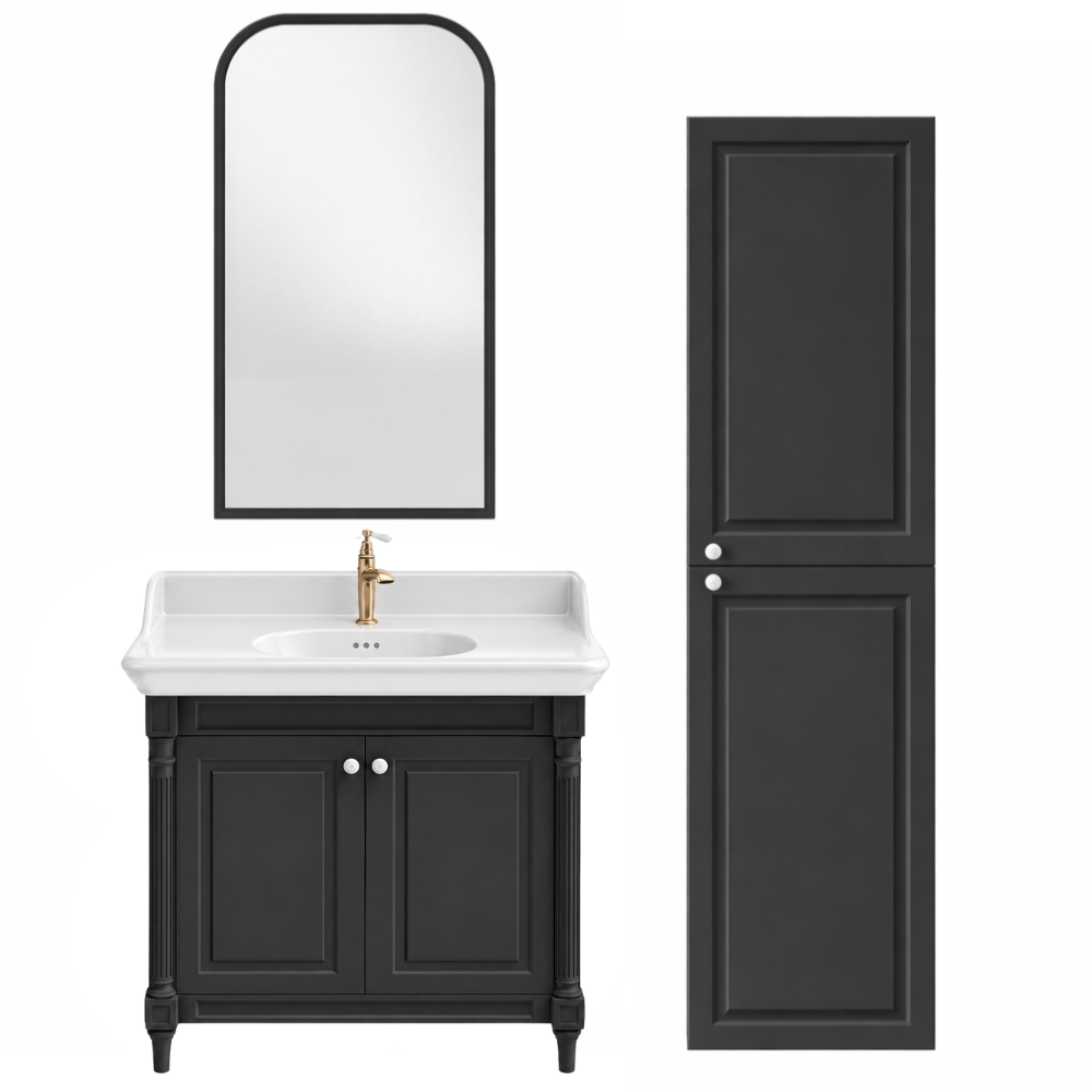 Meuble de salle de bain JACOB DELAFON Cléo 1889 Gris Intense + plan vasque 1 trou + colonne droite + miroir + mitigeur