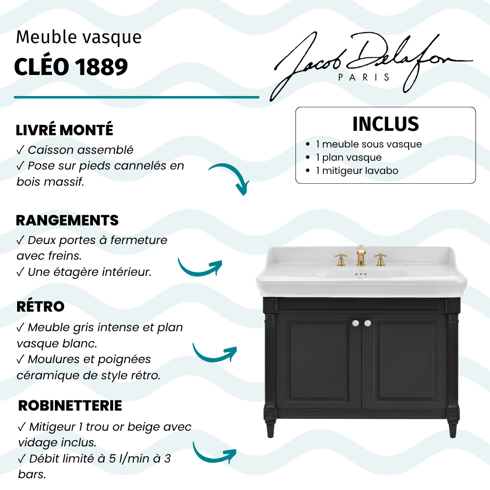 Meuble de salle de bain JACOB DELAFON Cléo 1889 Gris Intense + plan vasque 3 trous + mélangeur