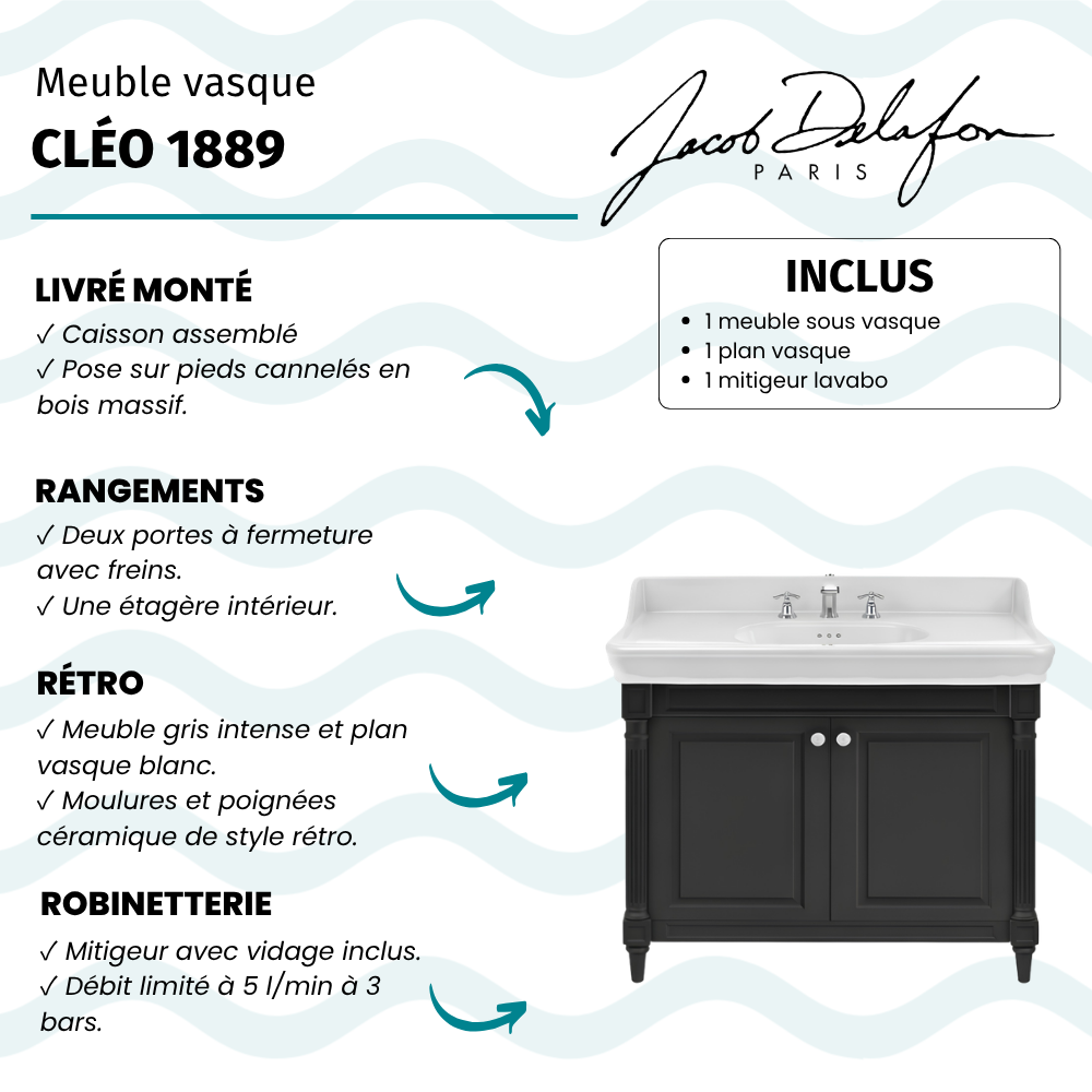 Meuble de salle de bain JACOB DELAFON Cléo 1889 Gris Intense + plan vasque 3 trous + mélangeur
