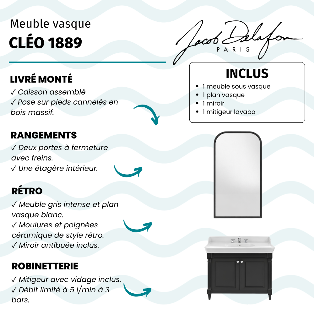 Meuble de salle de bain JACOB DELAFON Cléo 1889 Gris Intense + plan vasque 3 trous + miroir + mélangeur