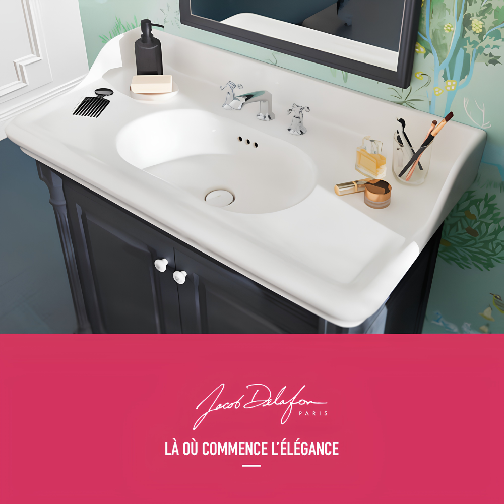 Meuble de salle de bain JACOB DELAFON Cléo 1889 Gris Intense + plan vasque 3 trous + miroir + mélangeur
