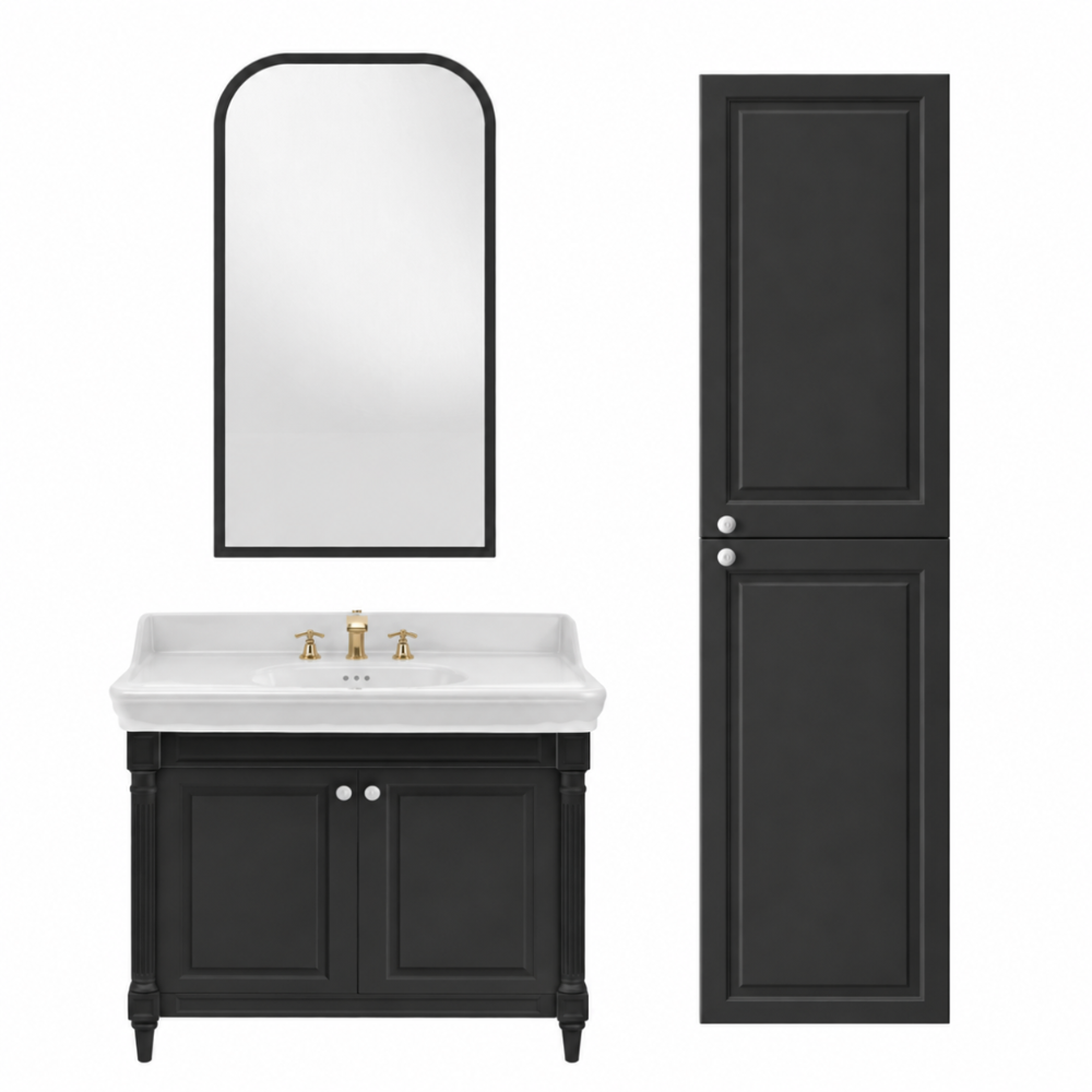 Meuble de salle de bain JACOB DELAFON Cléo 1889 Gris Intense + plan vasque 3 trous + miroir + colonne droite + mélangeur
