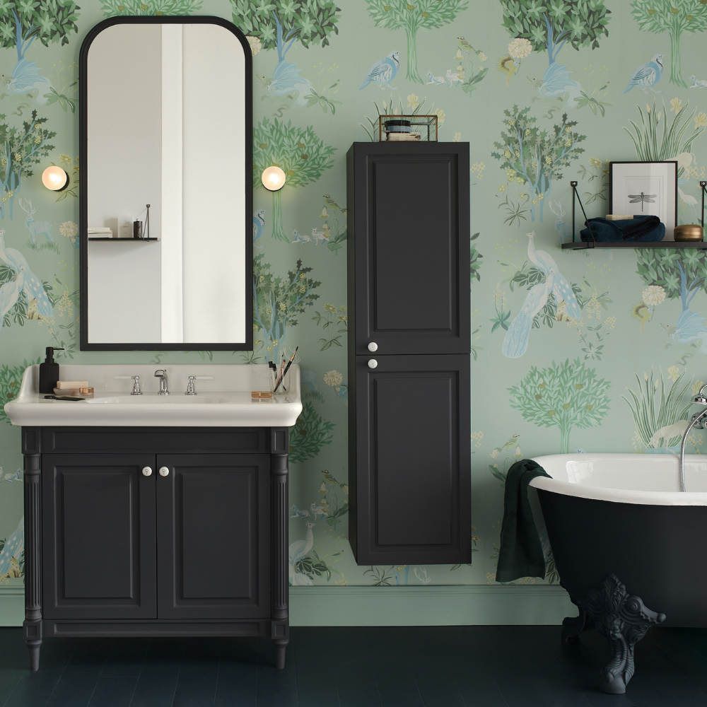 Meuble de salle de bain JACOB DELAFON Cléo 1889 Gris Intense + plan vasque 3 trous + miroir + colonne droite + mélangeur