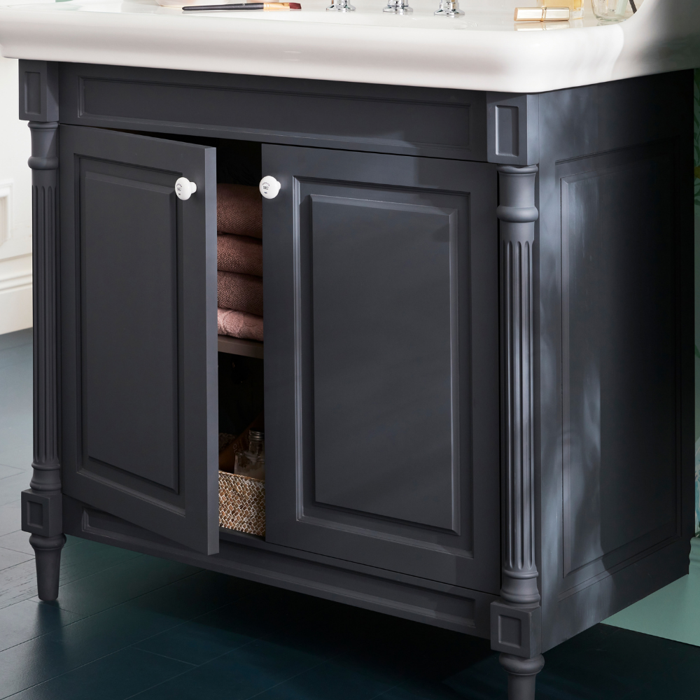 Meuble de salle de bain JACOB DELAFON Cléo 1889 Gris Intense + plan vasque 3 trous + miroir + colonne droite + mélangeur