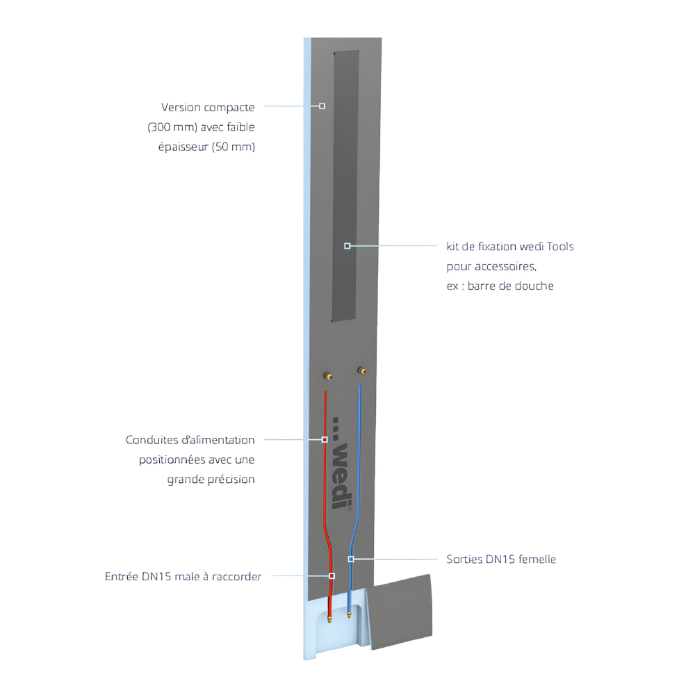 Cloison de douche avec réseau d’eau froide et chaude WEDI Sanwell XS