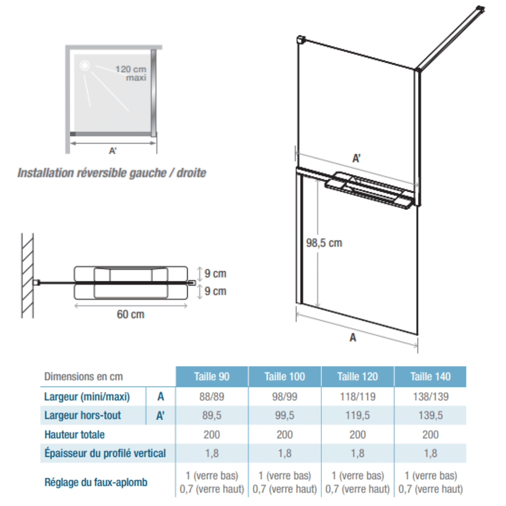 Paroi de douche KINEDO Walk-in Solo Z dimensions
