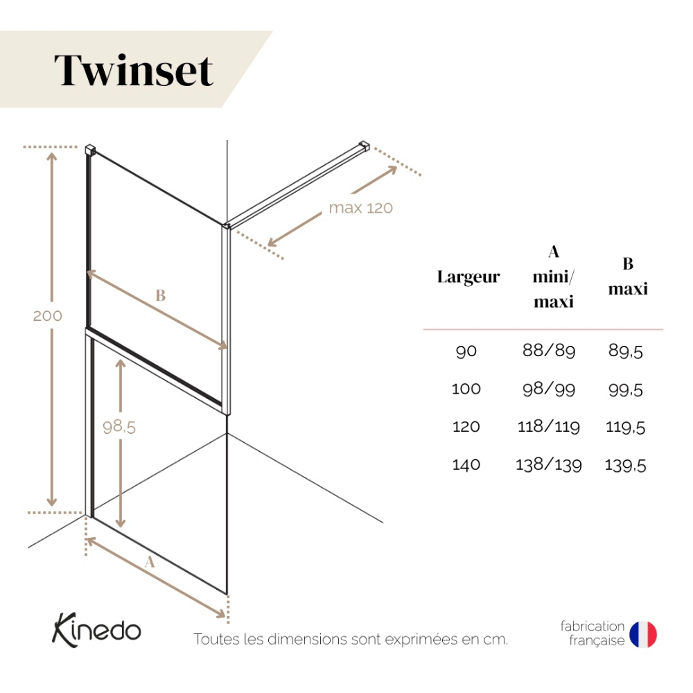 Paroi de douche KINEDO Walk-in Twinset en 2 parties avec verre anticalcaire dimensions