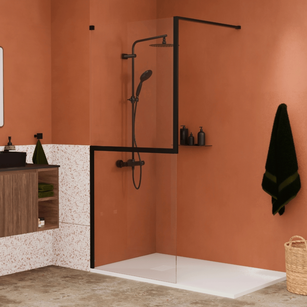 Paroi de douche KINEDO Walk-in Twinset en 2 parties avec verre anticalcaire noir mat ambiance