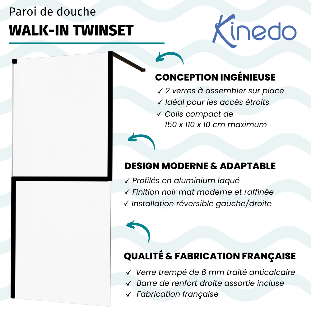 Paroi de douche KINEDO Walk-in Twinset en 2 parties avec verre anticalcaire noir mat infos