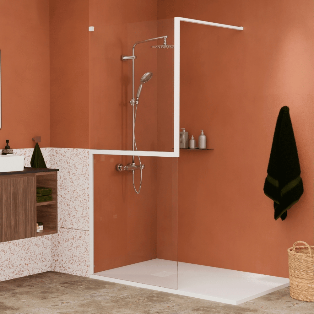 Paroi de douche KINEDO Walk-in Twinset en 2 parties avec verre anticalcaire blanc mat ambiance