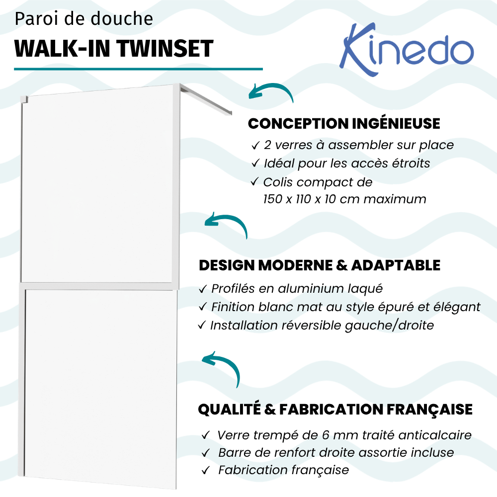 Paroi de douche KINEDO Walk-in Twinset en 2 parties avec verre anticalcaire blanc mat infos
