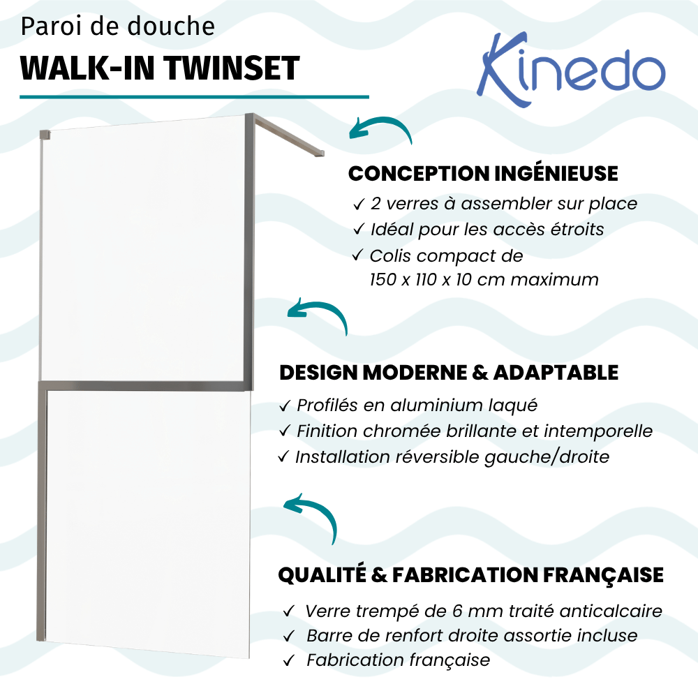 Paroi de douche KINEDO Walk-in Twinset en 2 parties avec verre anticalcaire chromé infos
