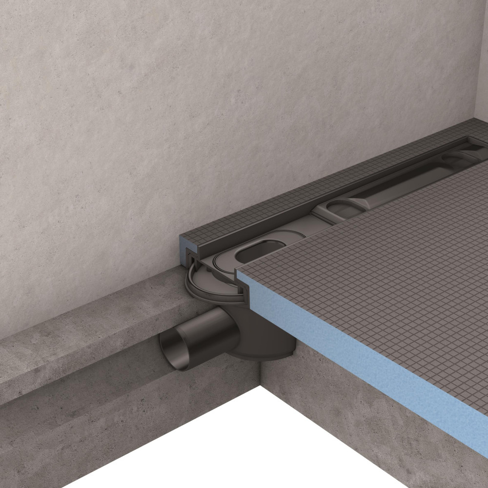 Installation écoulement linéaire horizontal pour douche Wedi Fundo Riolito