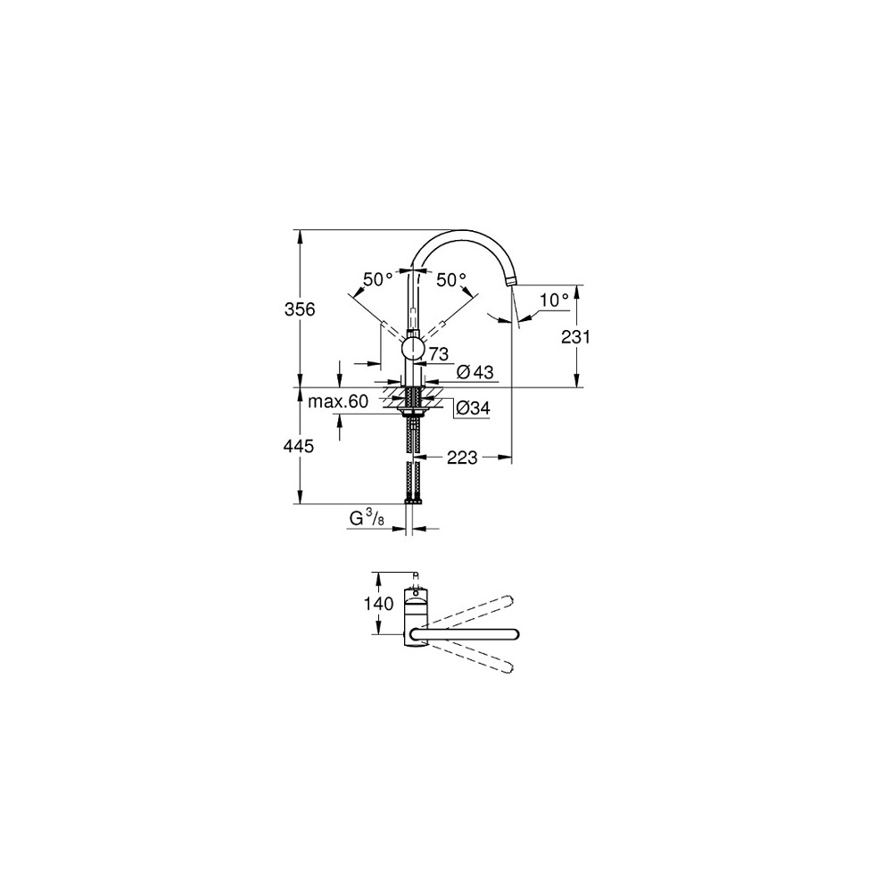 Dimensions Grohe Minta mitigeur évier - Hauteur robinet cuisine Grohe Minta