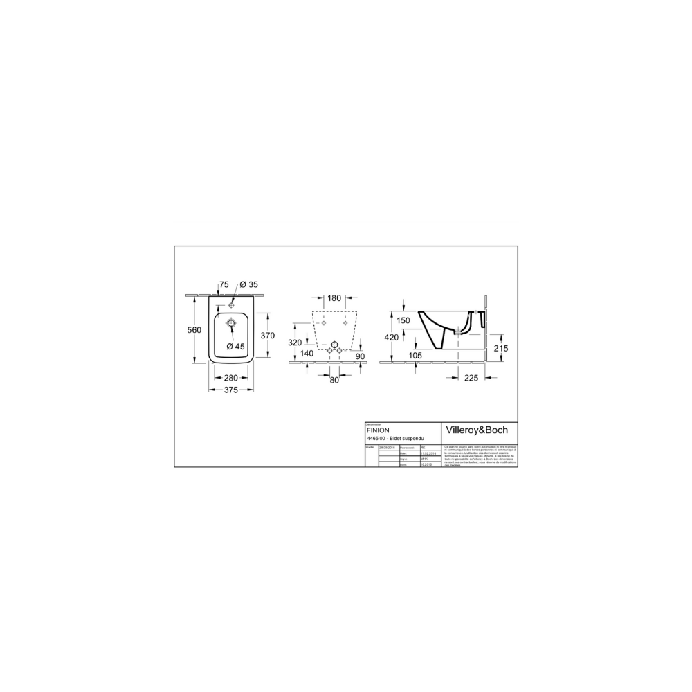 Dessin technique Bidet suspendu Finion Villeroy et Boch